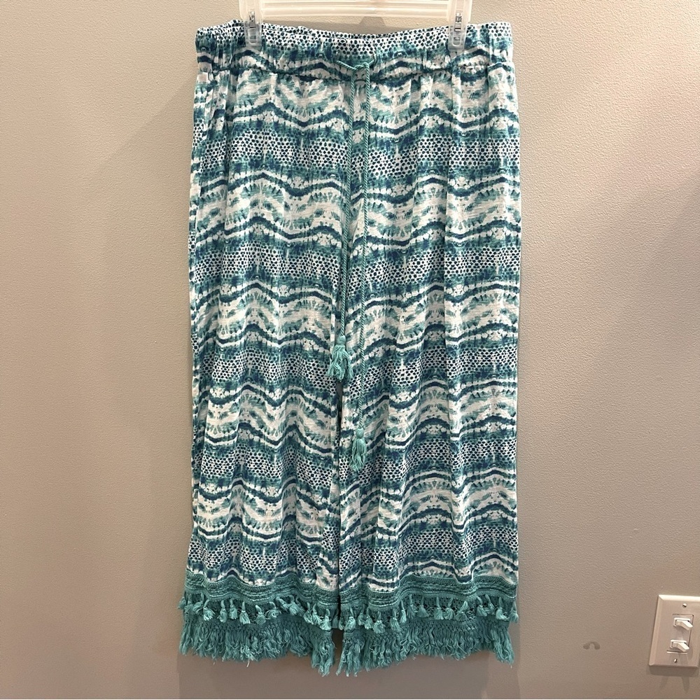 Lane Bryant Pants Women's Size 14/16 teal/white fringe 100% Cotton Beachy Boho